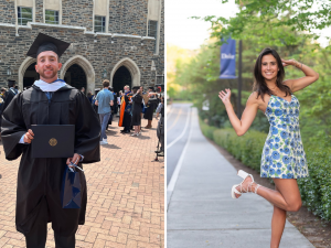 Bryan in cap and gown and katherine posing in front of duke signage